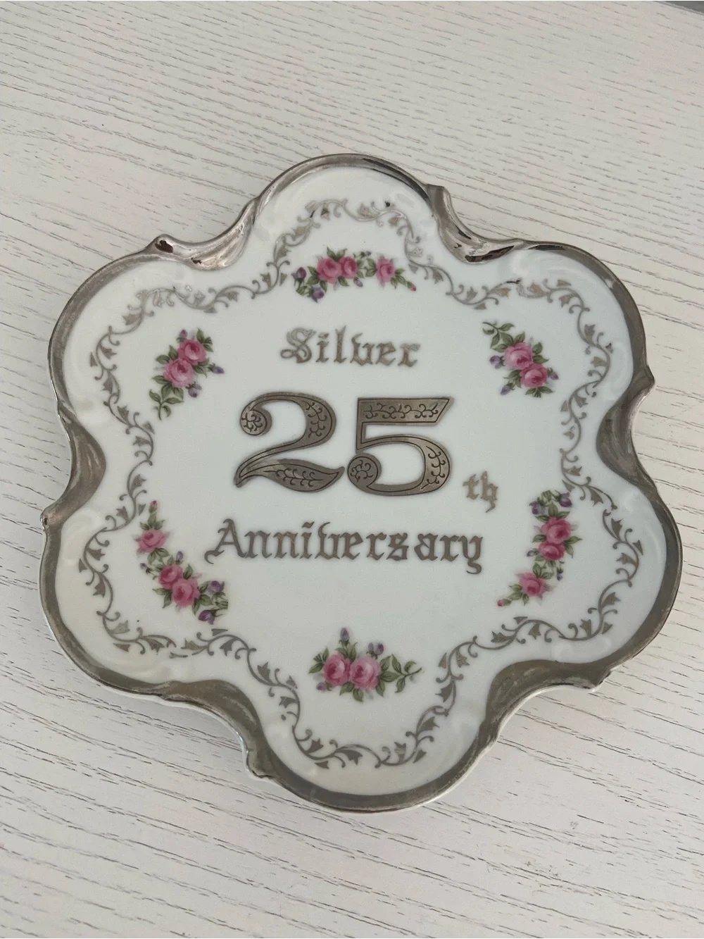 Norcrest Fine China Vintage Old-Style Silver 25th Anniversary Plate